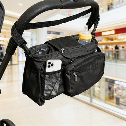 Stroller Console Bag with Dual Cup Holders, Black Hanging Organizer with Detachable Wristlet Phone Pouch and Adjustable Shoulder Strap