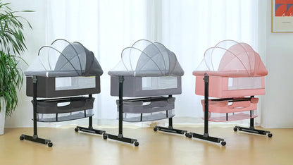 Adjustable Bedside Baby Bassinet with Lockable Wheels, Mosquito Net, Storage Bag and Mattress, Pink or Dark Gray Infant Sleeper