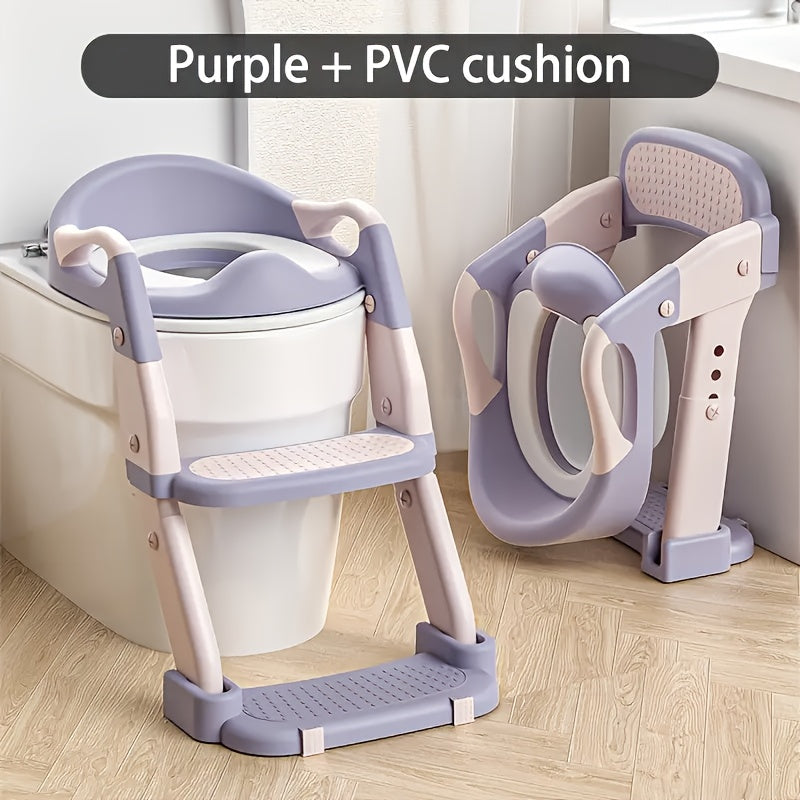 Adjustable Toddler Potty Ladder and Toilet Training Seat, 3-in-1 Foldable Plastic Step Stool with Listed Harness Feature, Purple or Green Options