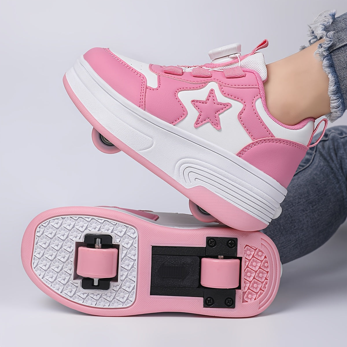 Kids Roller Skates with Buckle Closure and Dual-Wheel Design, Pink or Black Skate Shoes for Indoor and Outdoor Practice, Little and Big Kid Sizes
