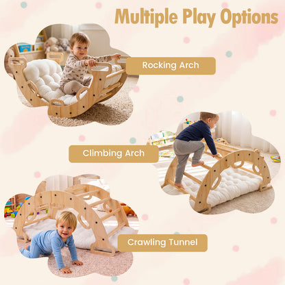 Toddler Climbing Arch and Rocker with Cushion, 3-in-1 Wooden Indoor Play Gym and Crawling Tunnel for Ages 1+, 81 cm Arch with Natural, Macaron or Multicolor Options