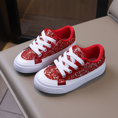 Kids Glitter Lace-Up Sneakers in Red, Low-Top Sequin Skate-Style Shoes with Soft Breathable Lining for School Outfits, Parties and Spring Fall Casual Wear