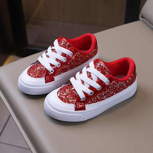 Red Sequin Skate Sneakers for Kids, Lace-Up Shoes with Soft Breathable Lining and Elastic Sole, Easy On/Off for School, Sports and Casual Wear, US 11.5 and 13.5 Little Kid
