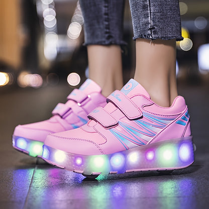 Kids Two-Wheel Roller Shoes with Flashing Lights, Pink Wheeled Sneakers for Boys and Girls in Toddler, Little Kid and Big Kid Sizes