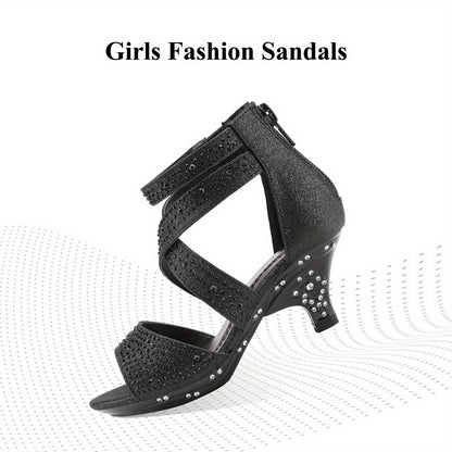 Girls Rhinestone Low Heel Sandals with Strappy Open Toe Design | Dress Shoes for Toddlers and Kids, Parties and Special Occasions