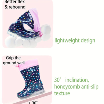 Kids Rain Boots in Cyan, PVC Short Ankle Boots with Polka Dot and Cartoon Prints, Easy-Clean Non-Slip Sole for Toddler and Little Kid Rainy-Day Outdoor Play