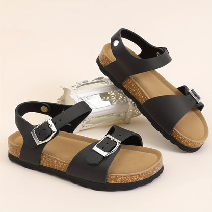 Kids Cork-Style Beach Sandals with Buckle, Lightweight Slip-On Summer Shoes in White, Black or Silvery Grey for Little Kids and Big Kids