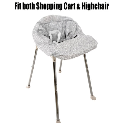 Padded Baby High Chair and Shopping Cart Seat Cover, Machine-Washable Portable Cushion with Attached Storage Bag in Grey Flower or Blue Owl