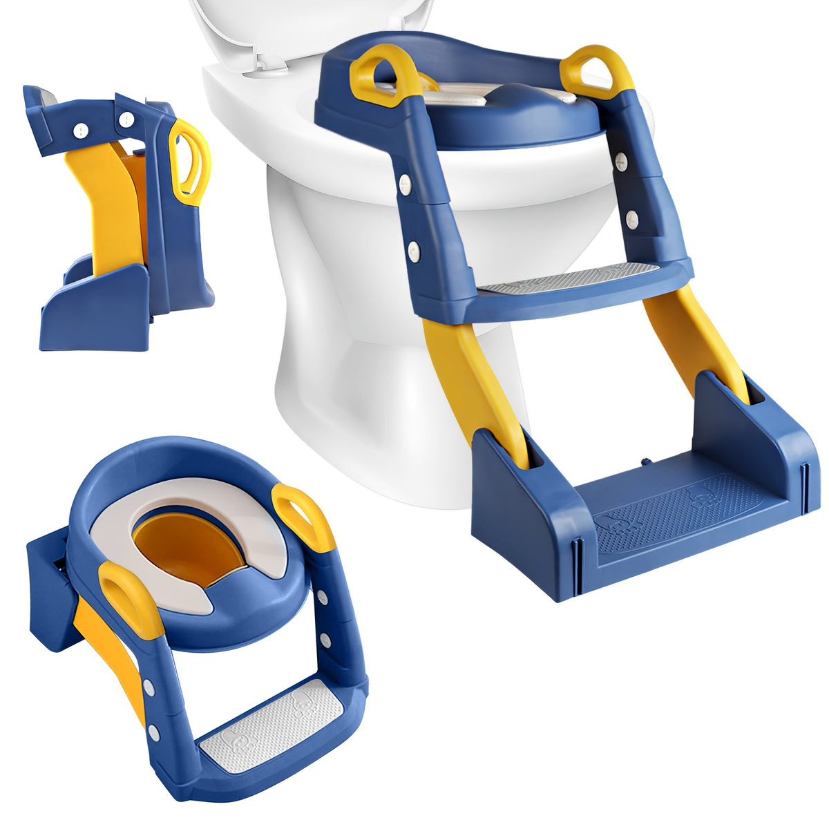 Convertible Toddler Potty Seat with Double-Step Ladder, 2-in-1 Foldable Toilet Trainer with Removable PVC Cushion, Splash Guard and Side Handles