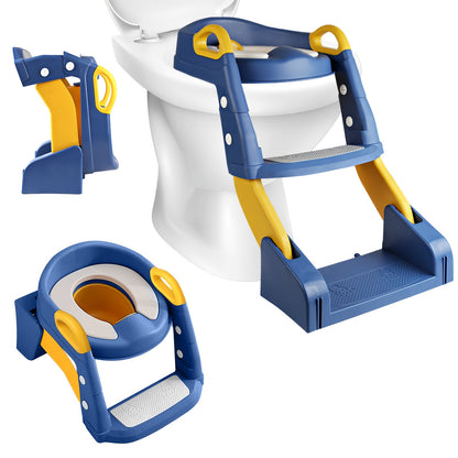 Convertible Toddler Potty Seat with Double-Step Ladder, 2-in-1 Foldable Toilet Trainer with Removable PVC Cushion, Splash Guard and Side Handles
