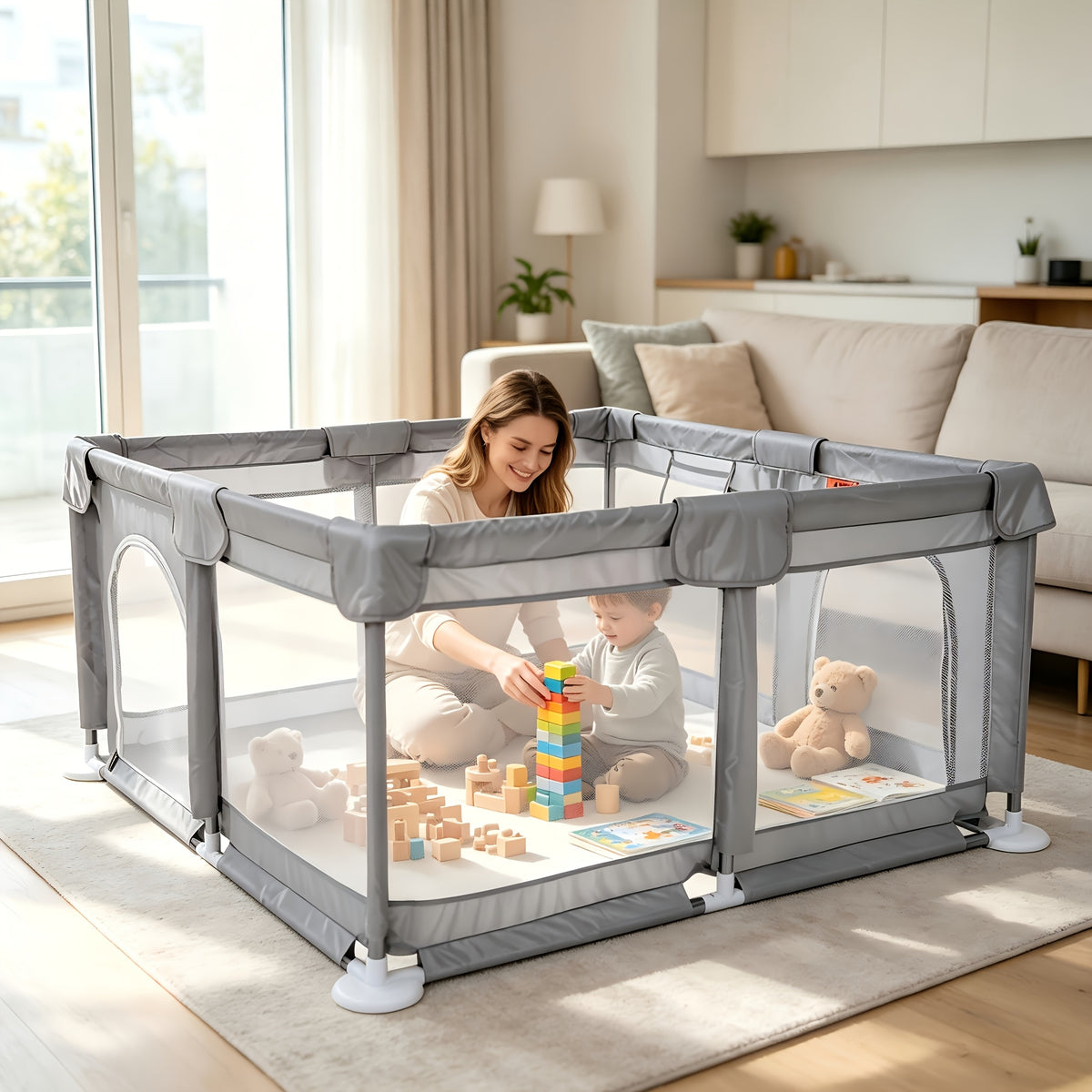 Breathable Mesh Baby Play Yard Fence for Crawling Toddlers, Indoor and Outdoor Infant Activity Space in Grey, Green or Pink