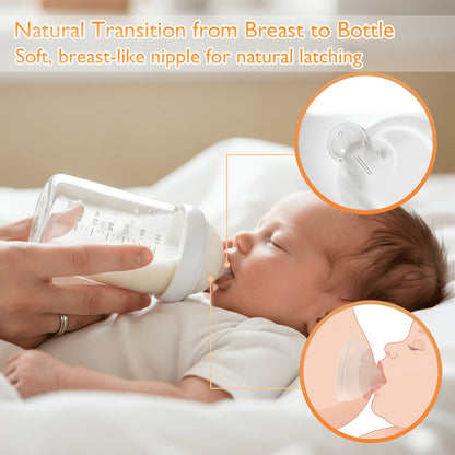 Slow Flow Glass Baby Bottles by YunBaby, 180 mL White Feeding Bottles with Listed Natural Rubber Nipples, Newborn 0+ Label and 1–6 Pack Options