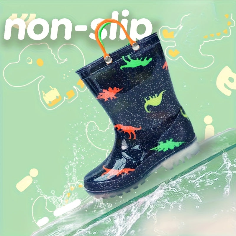 Kids Cartoon Rain Boots in Black, Easy-to-Carry Rainy-Day Footwear for Outdoor Play, with US 8 Toddler, US 12–13 Little Kid and US 1–3 Big Kid Size Options