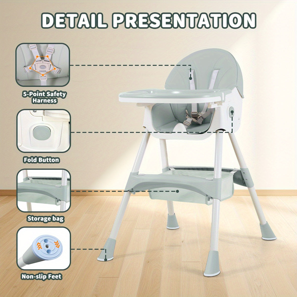 Foldable Baby High Chair with Removable Tray, Portable Dining Seat for Baby Mealtimes, Space-Saving Feeding Chair in Pink, Green or Khaki