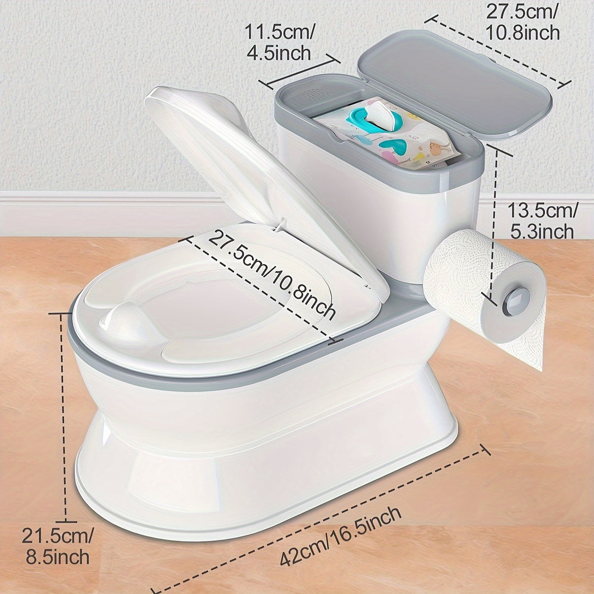 Realistic Flush Sound Potty Training Toilet 2-in-1 with Removable Training Seat, Storage Bin, Flip-Up Lid and Toilet Paper Holder, Self-Contained Kids Bathroom System for Toddlers 1-3 Years, Grey