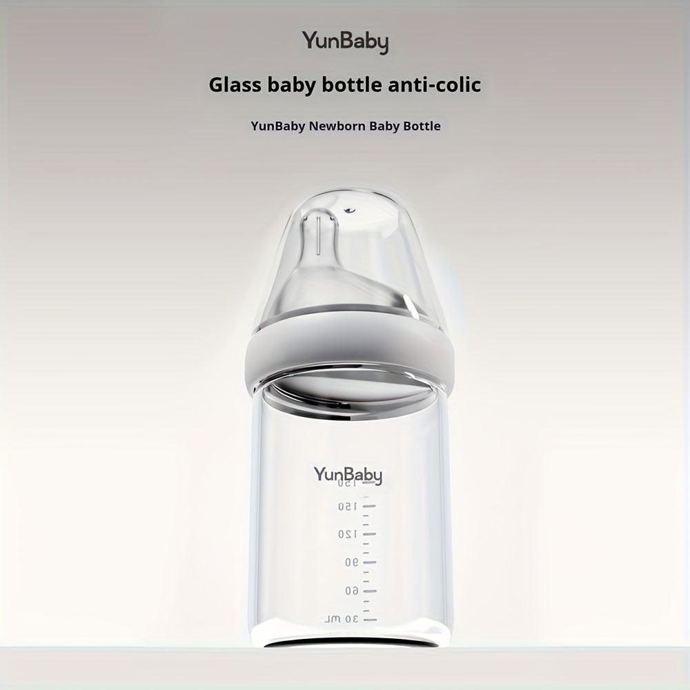 Slow Flow Glass Baby Bottles by YunBaby, 180 mL White Feeding Bottles with Listed Natural Rubber Nipples, Newborn 0+ Label and 1–6 Pack Options