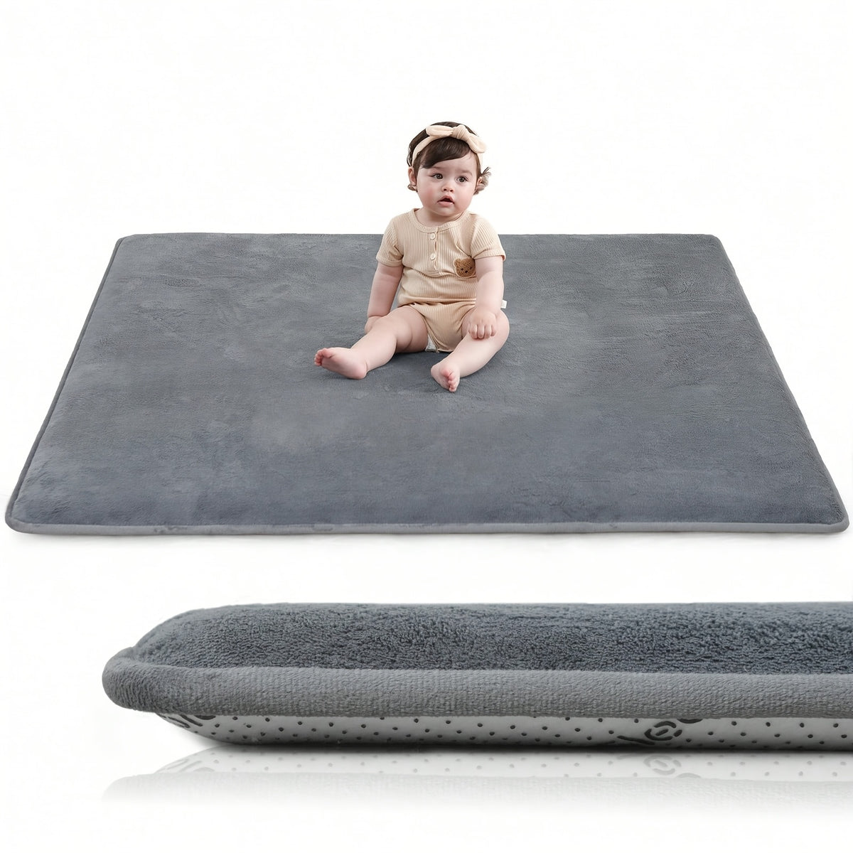 Memory Foam Floor Mat for Baby Crawling, 1.1-Inch Coral Velvet Cushioned Rug with Non-Slip Backing, Gray Tatami-Style Mat in Four Sizes