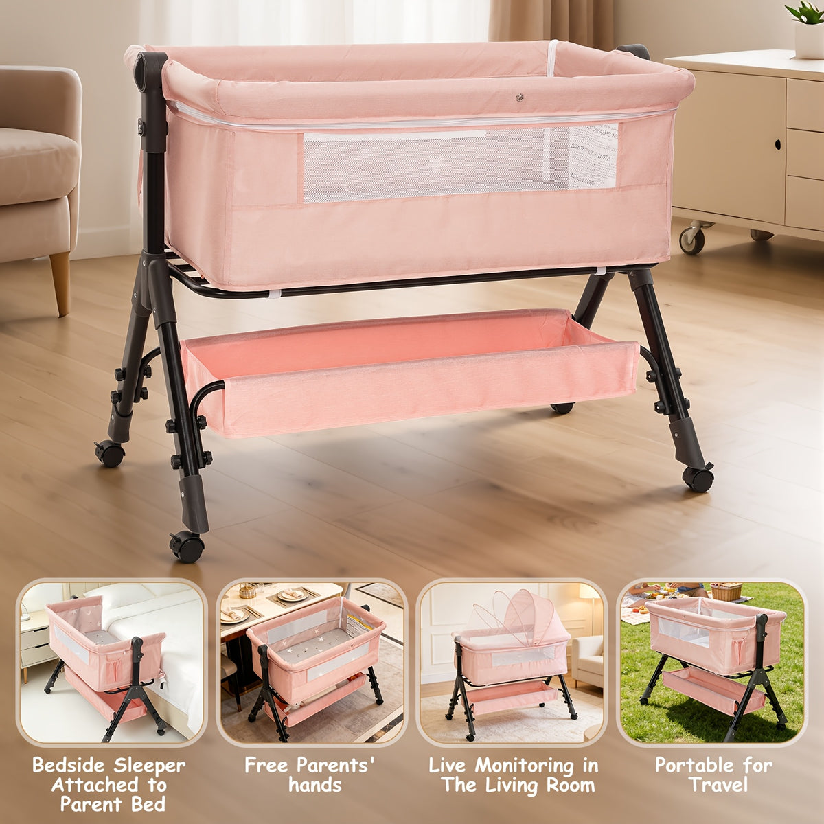 3-in-1 Baby Bassinet Bedside Sleeper with Wheels, Infant Cradle in Black, Gray or Pink with 17.61 lb Product Weight and Listed 33 lb Limit