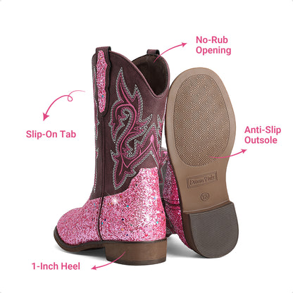 Kids Glitter Cowgirl Boots, Sparkly Western Mid-Calf Pull-On Shoes with Embroidered PU Upper, Round Toe and Easy-Grip Tabs for Girls’ Dance, Dress-Up, Parties & Everyday Play