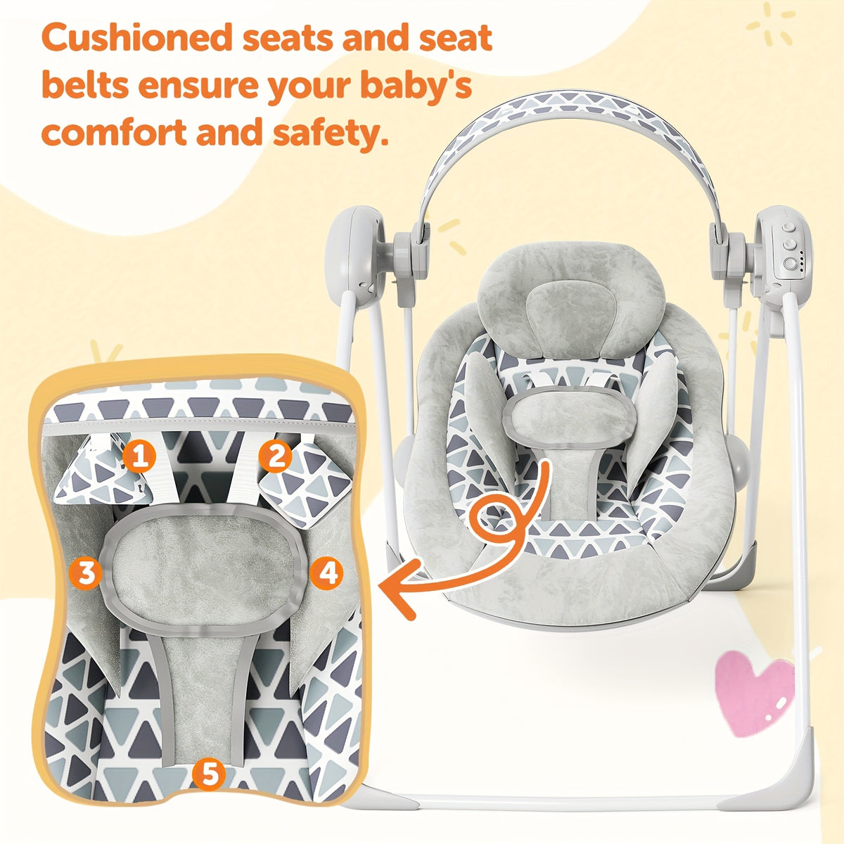 Baby Swing Seat with Timer in Green or Pink, Portable Infant Activity Swing with Patterned Seat for Supervised Awake Use, Listed 6–20 lbs