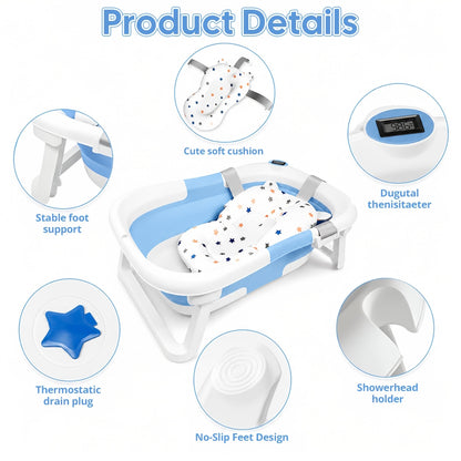 Space-Saving Baby Bath Tub with Soft Cushion and Thermometer, Foldable Portable Bathtub for Supervised Bath Time at Home and Travel