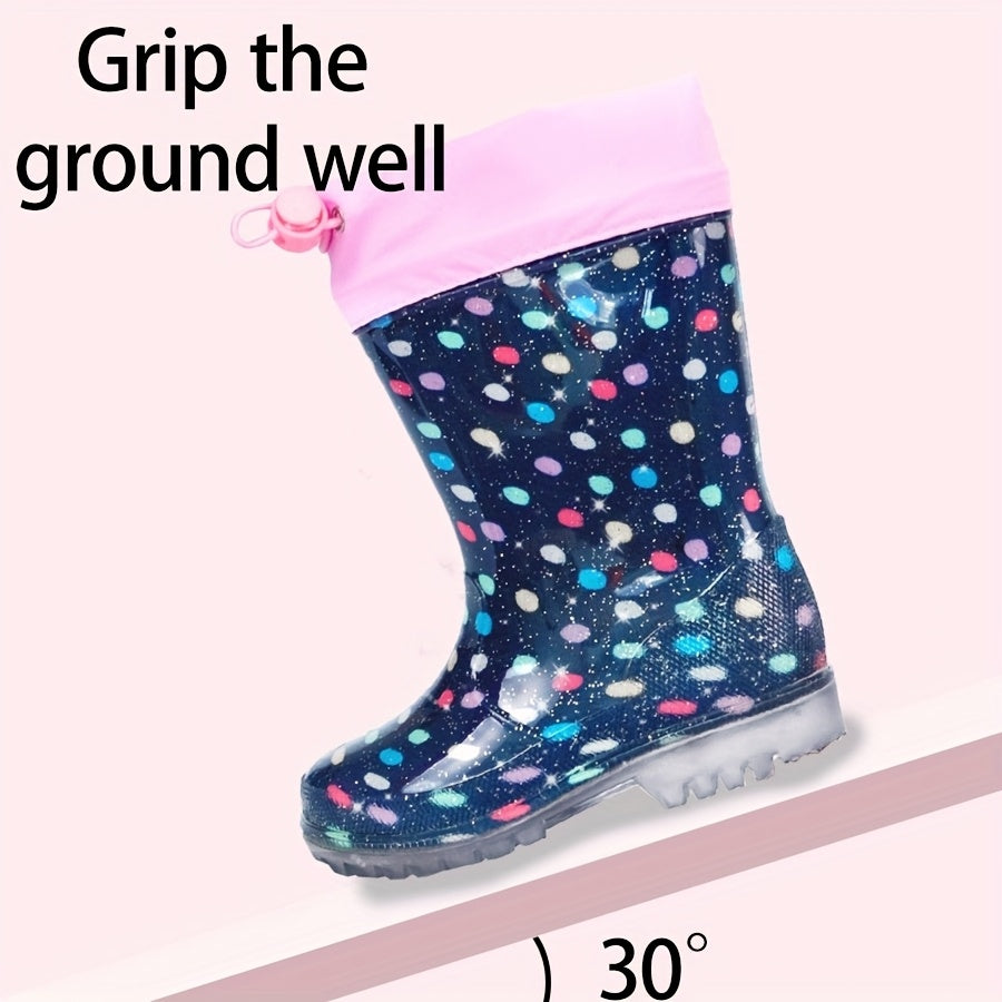 Kids Rain Boots in Cyan, PVC Short Ankle Boots with Polka Dot and Cartoon Prints, Easy-Clean Non-Slip Sole for Toddler and Little Kid Rainy-Day Outdoor Play