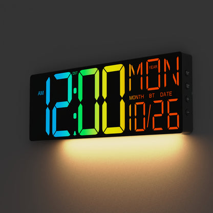 LED Digital Wall Clock 18 Inch with 8 RGB Display Colors, Remote Control and 10-Level Dimming, Timer, Temperature and Alarm for Home Rooms