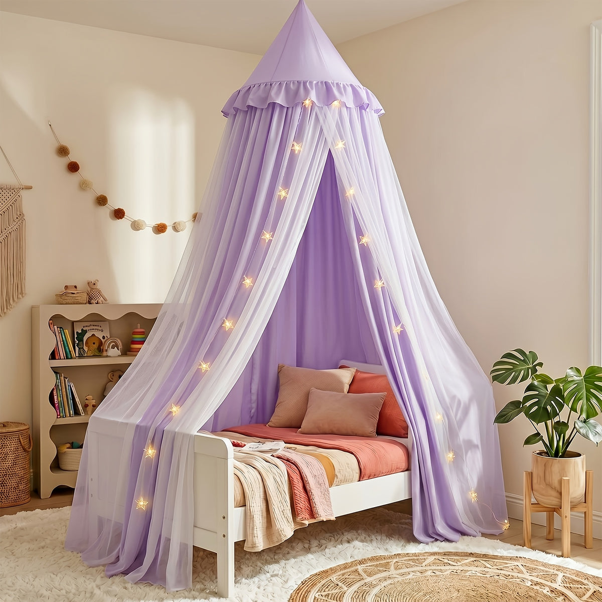 Princess Bed Canopy Tent with Star Night Light, Hammock Style Kids Bed Curtain Dome Mosquito Net, Double Layer Dustproof Breathable Reading Nook Drape for Toddler and Adult Beds, Machine Washable, White Pink Purple