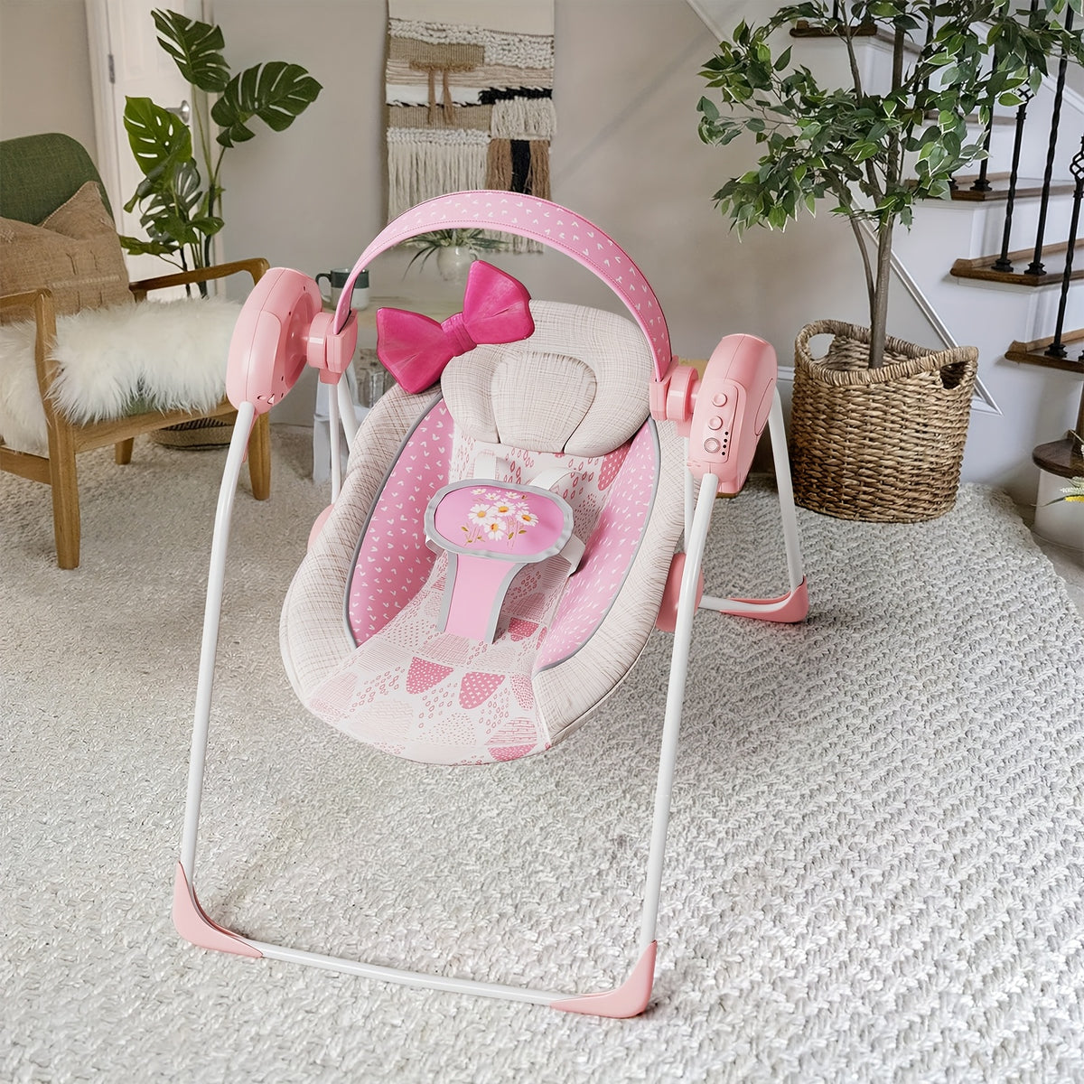 Portable Infant Swing with Timing Function, Green Grey or Pink Baby Activity Seat for Supervised Awake Use, Listed 0–6 Months and 6–20 lbs