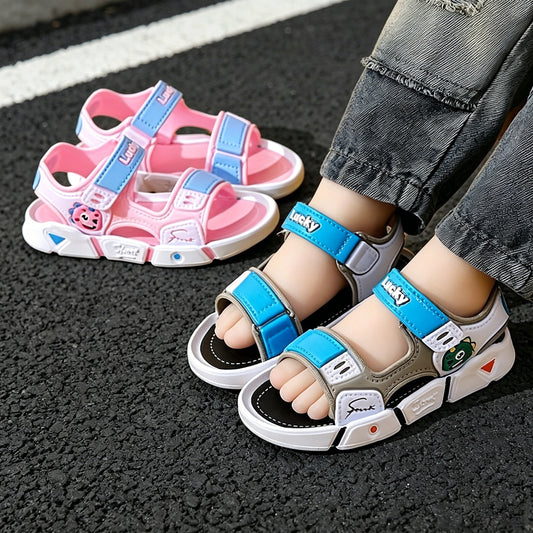 Kids Beach Sandals with Cartoon Style, Lightweight Breathable Summer Shoes with Soft Elastic Soles for Toddler Boys and Girls in Three Colors