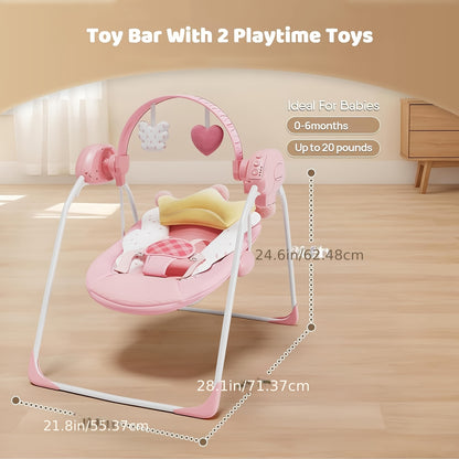 Foldable Baby Swing with Adjustable Speed and Timer, Green or Pink Infant Seat with Hanging Toy Arch for Supervised Awake Use, Up to 20 lbs