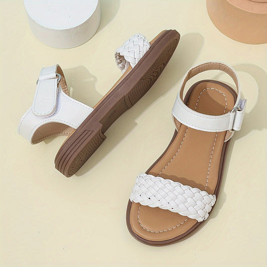 Kids White Woven Sandals with Striped Upper and Hook-and-Loop Closure, Flat TPR Sole and Lace-Up Detail for Spring and Summer Outings
