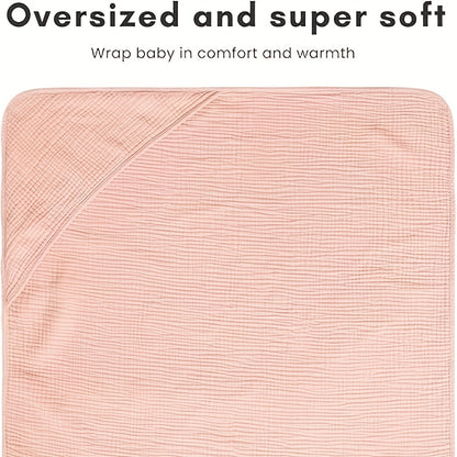 Newborn Hooded Muslin Baby Bath Towels, 2-Pack of 100% Cotton 30 x 30 Infant Towels with Attached Hoods, Soft Absorbent Bath Set for Sensitive Skin, Pink Floral
