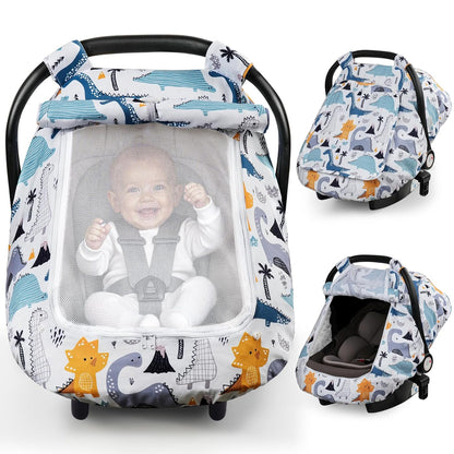 Blue Dinosaur Baby Car Seat Canopy Cover, Lightweight Infant Carrier Shade with Two-Layer Mesh Windows for Supervised Stroller Outings and Travel