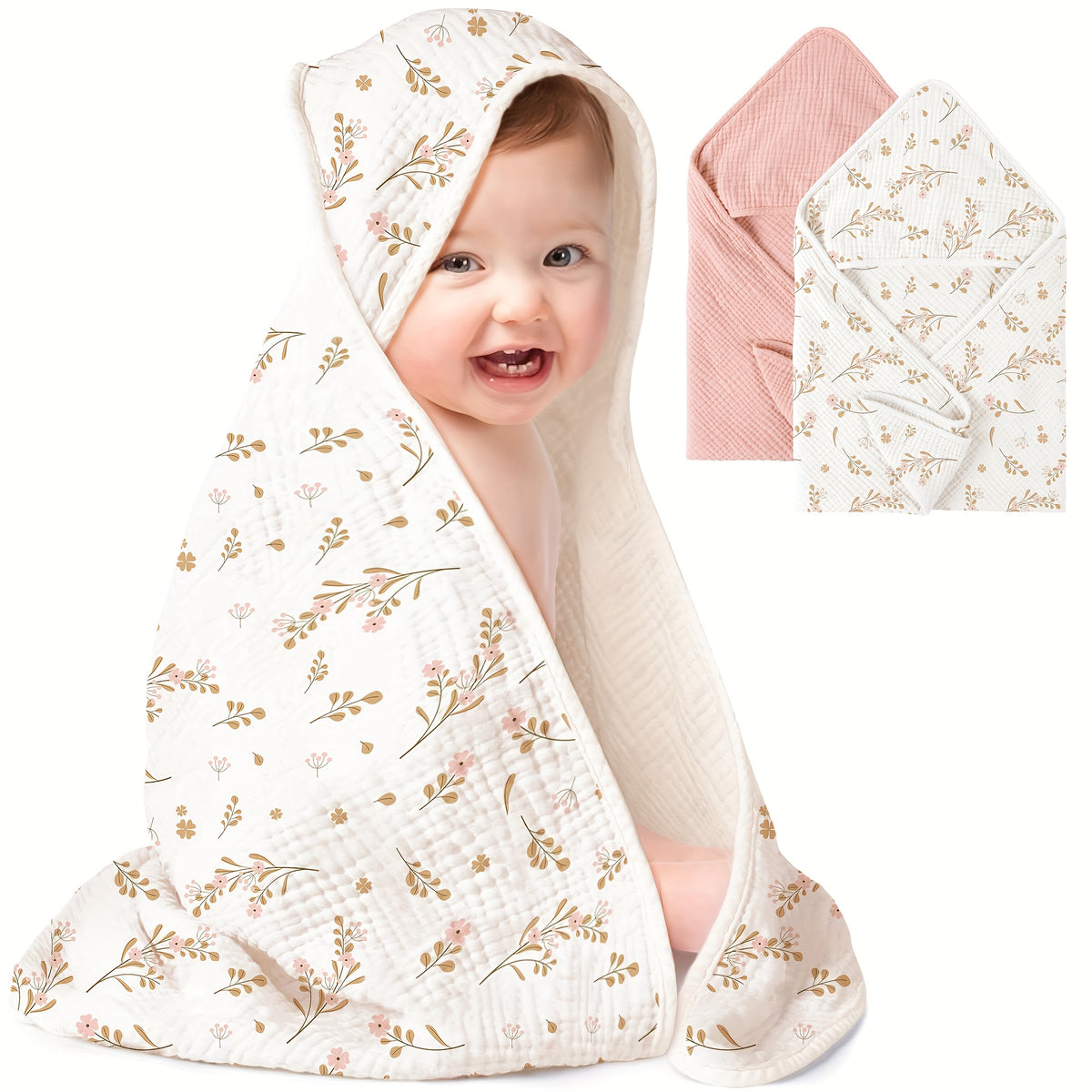 Newborn Hooded Muslin Baby Bath Towels, 2-Pack of 100% Cotton 30 x 30 Infant Towels with Attached Hoods, Soft Absorbent Bath Set for Sensitive Skin, Pink Floral