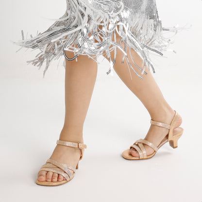 Floral Girls Low Heel Sandals with Open Toe Design, Dress Shoes for Little and Big Kids in Gold, Rose Gold, Silver or White for Weddings and Parties