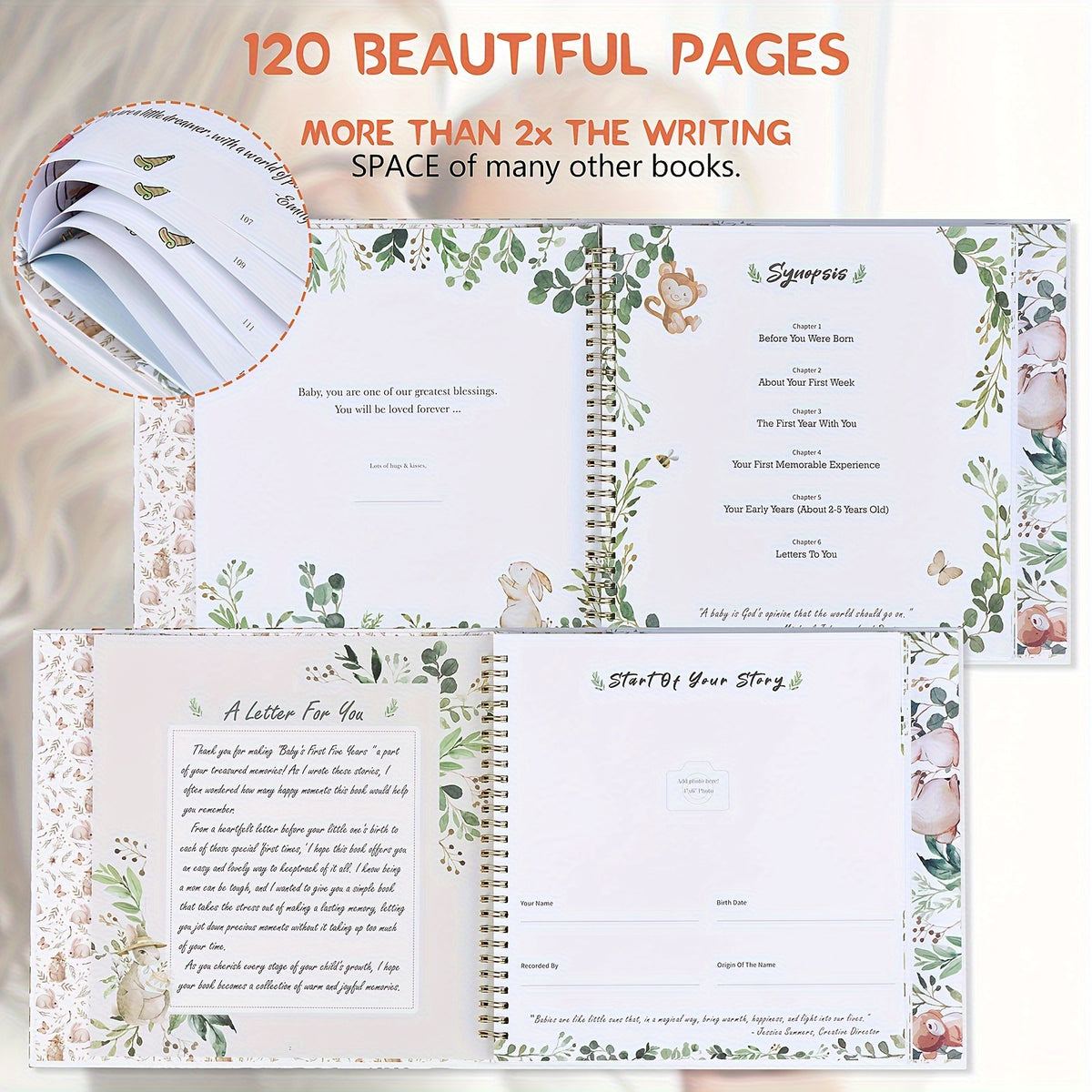 Baby Memory Book for First 5 Years, 124-Page Gender-Neutral Woodland Milestone Journal with Photo Spaces, Gold Foil Cover and Lay-Flat Binding