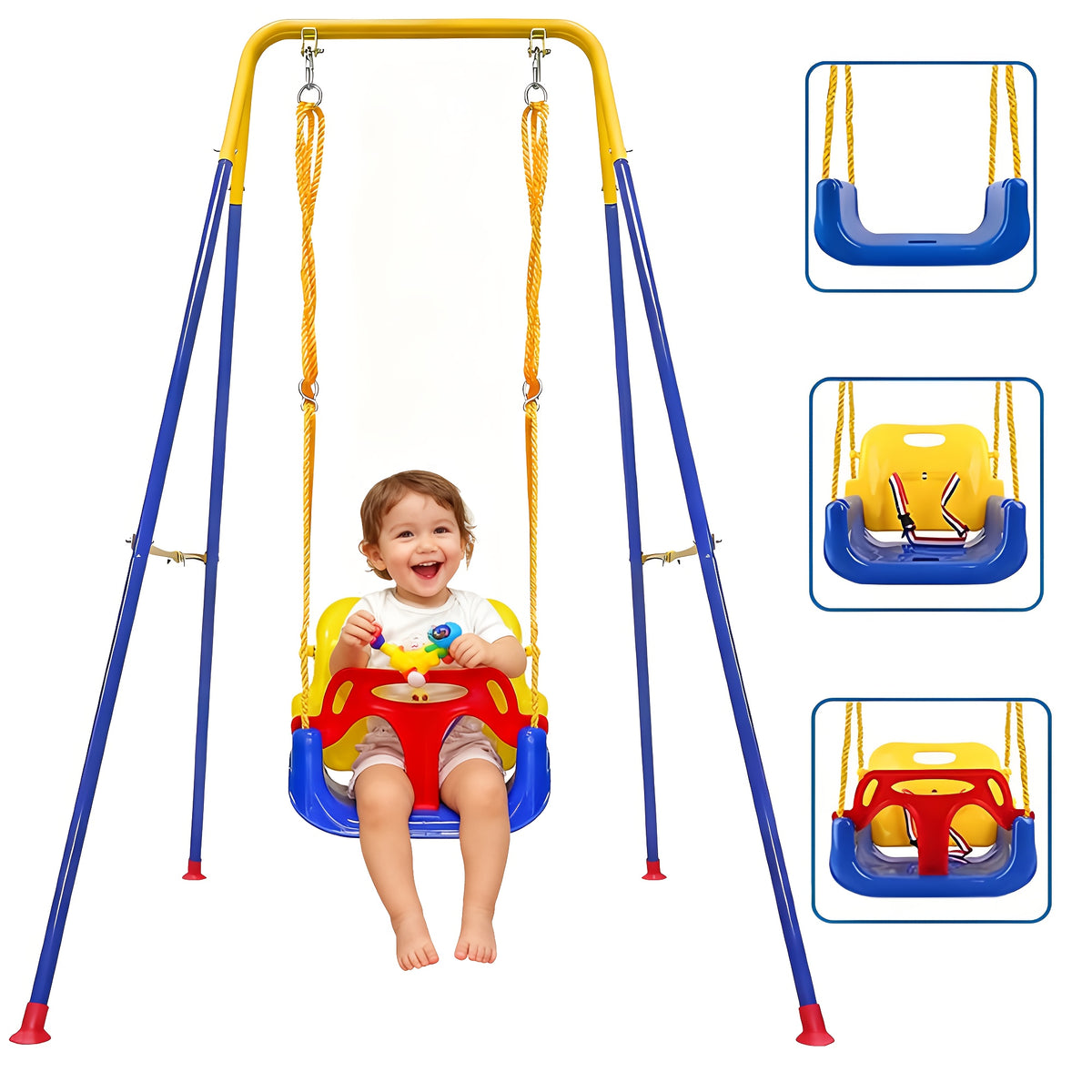Foldable 3-in-1 Child Swing Set with Metal Stand, Detachable Seat for Ages 6 Months to 10 Years, Indoor or Outdoor Use and Compact Storage