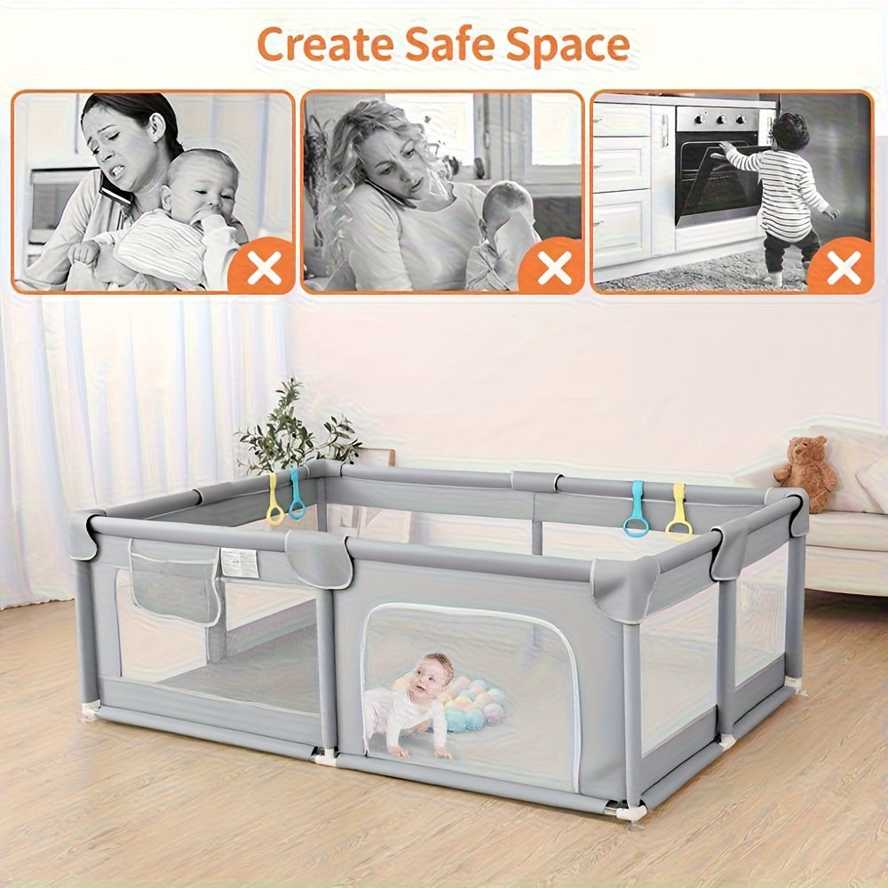Baby Playpen Fence with Soft Breathable Mesh, Indoor Outdoor Kids Activity Enclosure in Gray or Beige with Size and Mat Bundle Options