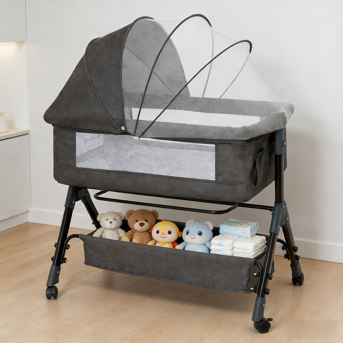 3-in-1 Baby Bassinet Bedside Sleeper with Wheels, Infant Cradle in Black, Gray or Pink with 17.61 lb Product Weight and Listed 33 lb Limit
