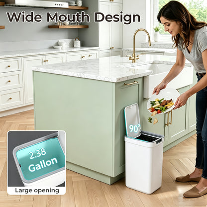 Push-Lid Bathroom Trash Can Set, Slim Plastic Waste Bins for Small Spaces with Removable Bag Rings, 2.4 and 3.6 Gallon Sizes for Home or Office