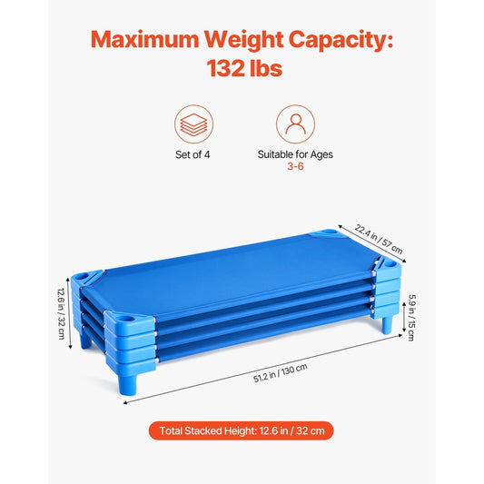 Stackable Toddler Nap Cots (Pack of 4 or 6) – Portable Daycare Sleeping Beds for Kids, 52" L x 23" W Preschool Classroom Rest Cots with Sturdy Steel Frame and Breathable Oxford Fabric, Blue