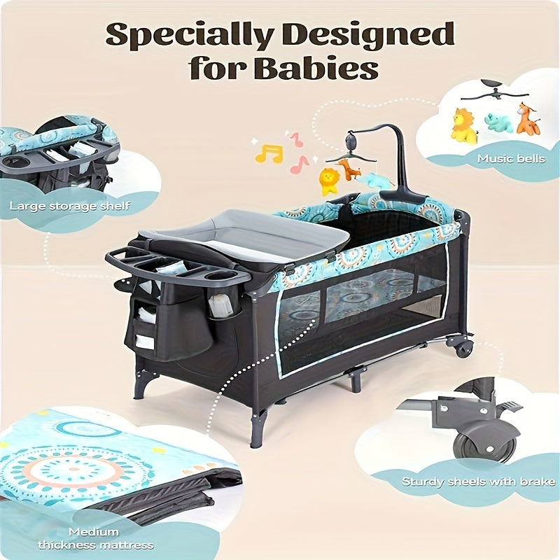 5-in-1 Pack and Play Baby Crib with Detachable Changing Table, Includes Mattress, Storage, Music, and 3 Adjustable Heights, Portable Large Playard for Newborn Baby, Supports Up to 19 Pounds