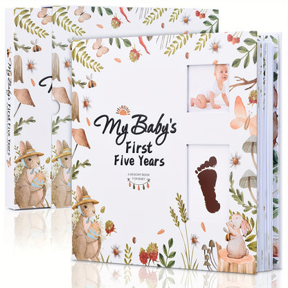 Baby Memory Book for First 5 Years, 124-Page Gender-Neutral Woodland Milestone Journal with Photo Spaces, Gold Foil Cover and Lay-Flat Binding