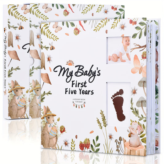 Baby Memory Book for First 5 Years, 124-Page Gender-Neutral Woodland Milestone Journal with Photo Spaces, Gold Foil Cover and Lay-Flat Binding