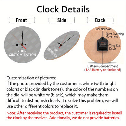 Custom Photo Collage Nursery Wall Clock with Round Wood-Grain Look, Personalized Battery-Operated Room Decor in 9.9 or 11.9 Inch Sizes