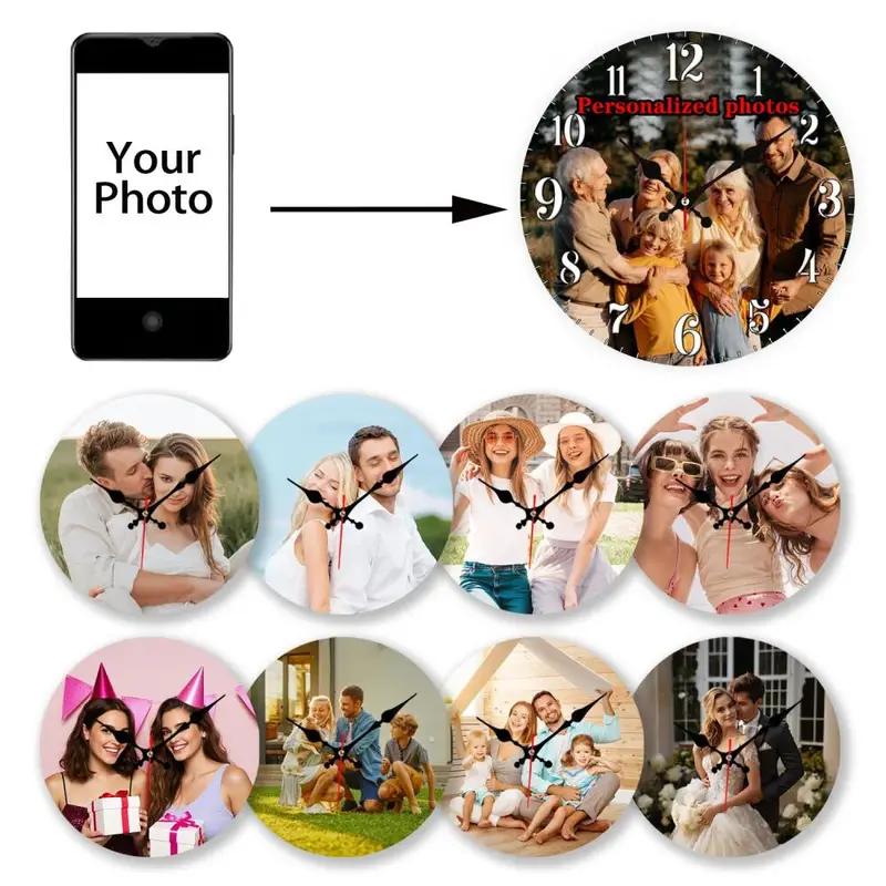 Custom Photo Collage Nursery Wall Clock with Round Wood-Grain Look, Personalized Battery-Operated Room Decor in 9.9 or 11.9 Inch Sizes