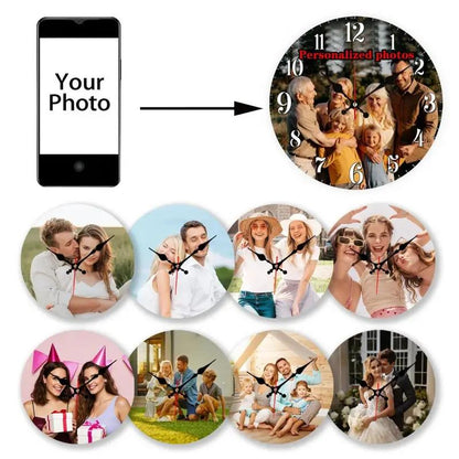 Custom Photo Collage Nursery Wall Clock with Round Wood-Grain Look, Personalized Battery-Operated Room Decor in 9.9 or 11.9 Inch Sizes