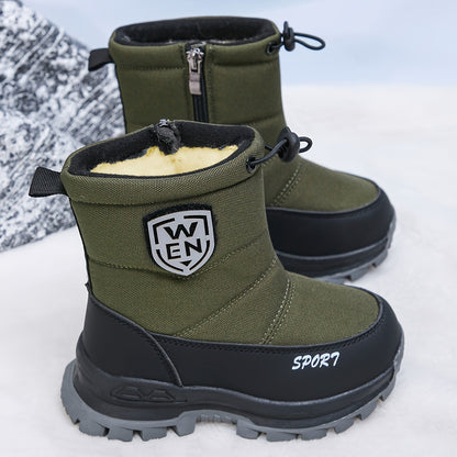 Fleece-Lined Kids Winter Snow Boots - Waterproof Nylon Upper, Anti-Slip Thick Sole, Zip & Drawstring Closure for Boys & Girls, Warm Outdoor Winter Footwear with Durable Rubber Sole