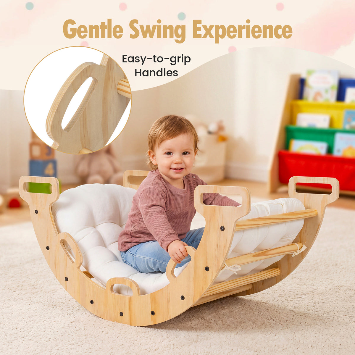 Toddler Climbing Arch and Rocker with Cushion, 3-in-1 Wooden Indoor Play Gym and Crawling Tunnel for Ages 1+, 81 cm Arch with Natural, Macaron or Multicolor Options